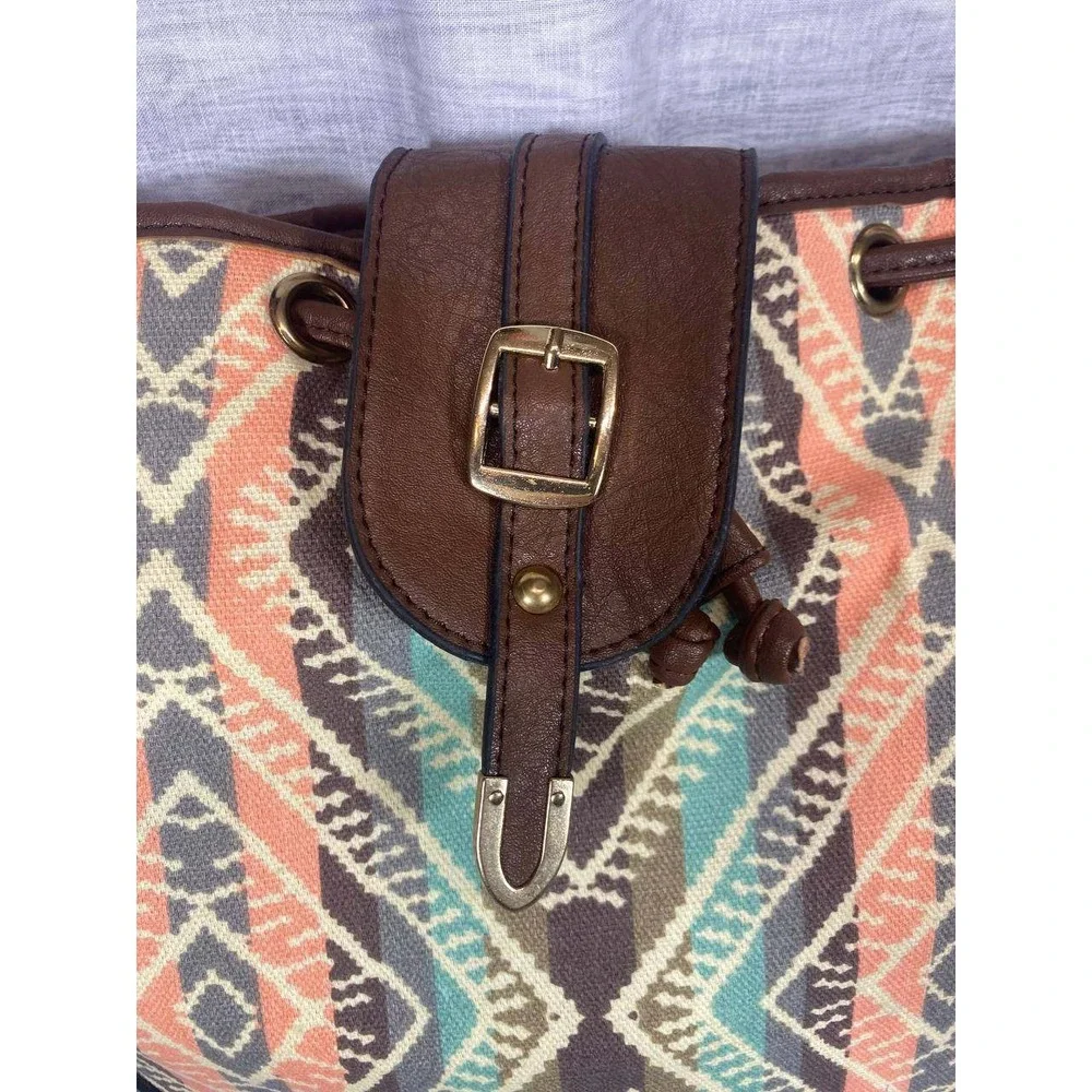 Unbranded Bucket‎ Bag Women Medium Multicolor Aztec Canvas Drawstring Backpack